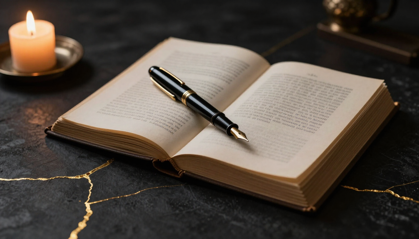 Plume et livre ouvert sur fond kintsugi noir et or